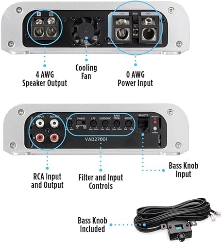 Vista 2 de NVX VAD27001 - Amplificador con control remoto de graves (certificado marino) de 2700W RMS Clase D monobloque para automóviles, embarcaciones