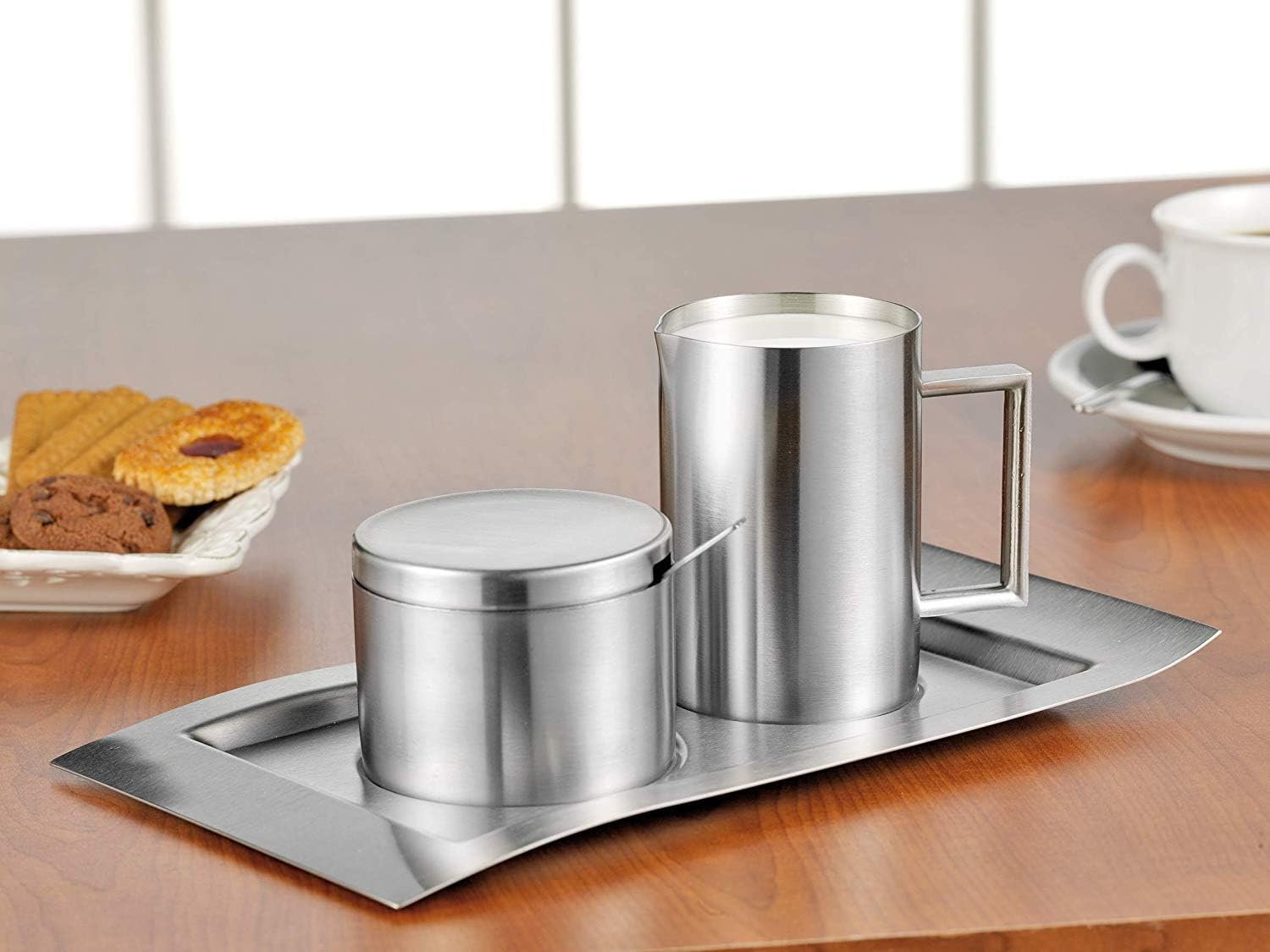 Esmeyer Sugar & Milk Set Wave 4-pcs. of Stainless Steel Brushed, Silver, 26.3 x 15 x 7.6 cm