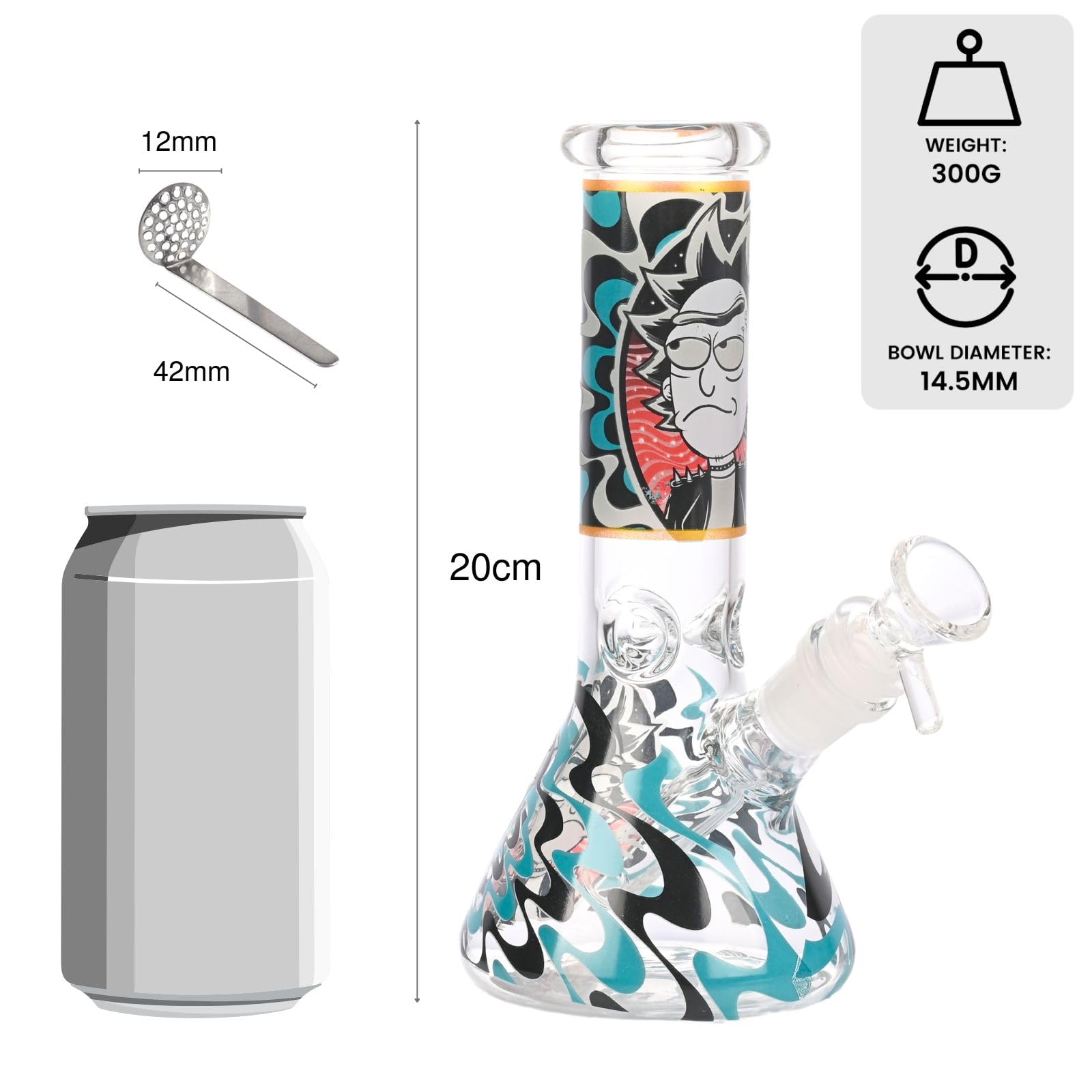 Chillbong 20cm Glasbong avec bol de 14,5 mm, poids 350g, verre résistant artisanal, tuyau de récipient de filtrage - Iron Black