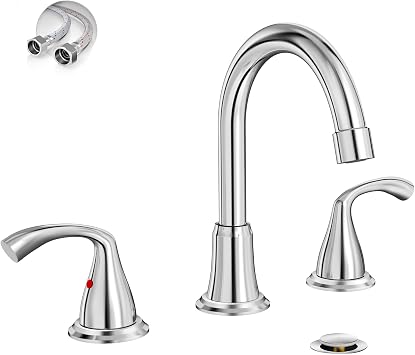 Phiestina 8 Inch Widespread Chrome Bathroom Sink Faucet, 2 Handle 3 Hole Bathroom Faucet with Metal Pop up Drain and Water Supply Lines, WFJC180-C