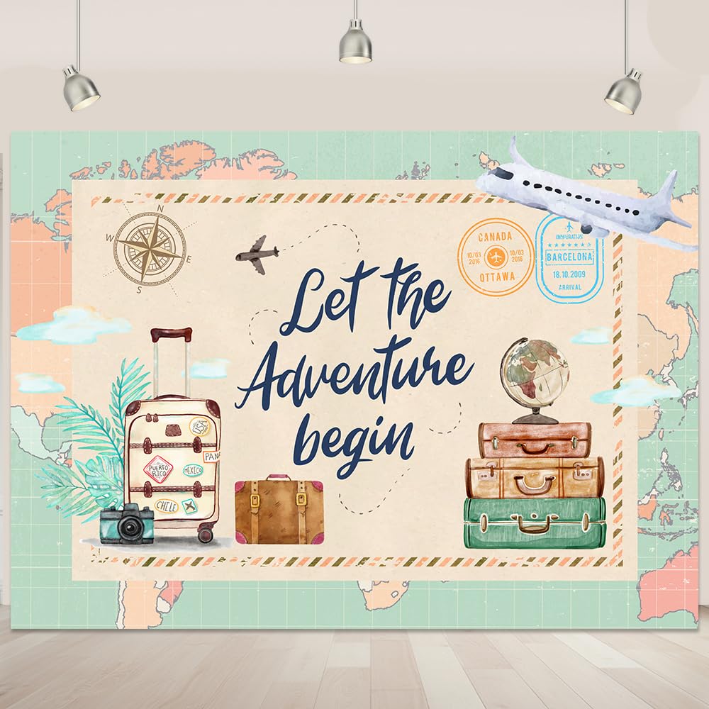 Adventure Awaits Backdrop Travel Theme Adventure Photography Background Let The Adventure Begin Backdrop World Map Adventure Party Backdrop Plane Luggage Party Decoration Backdrop Banner 5x3Ft