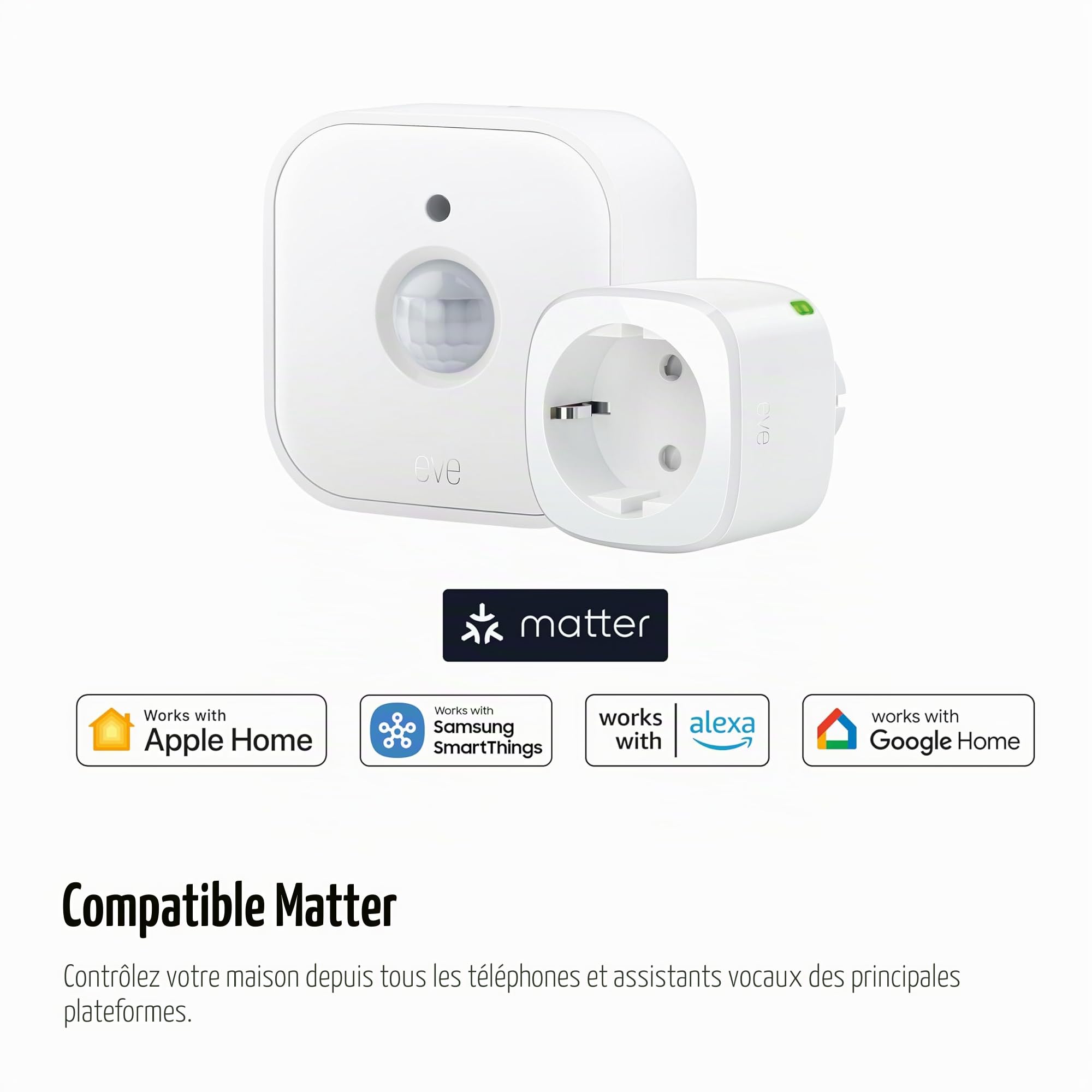 EVE Set de capteurs de mouvement: prise intelligente Energy (Matter) + Motion (Matter) Capteur de mouvement intelligent, Matter via Thread, fonctionne avec Apple Home, Alexa, Google Home, SmartThings