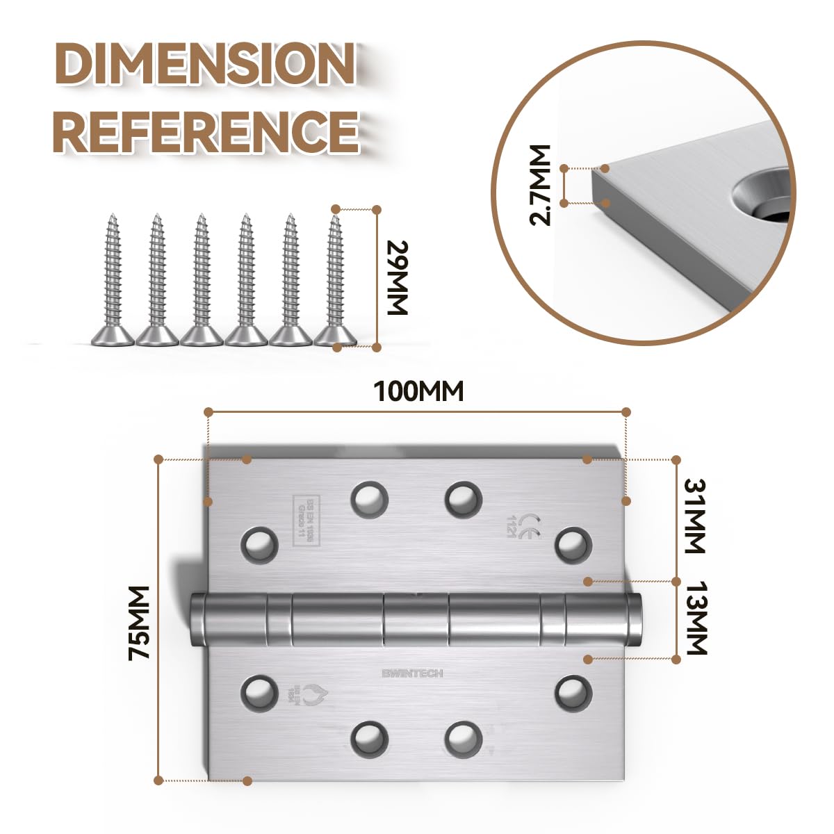 Bwintech 5 works 100 x 75 x 2.7mm (4 inch) Satin Chrome Brushed Steel Hinge for Fire Door Ball Bearing Hinge for Internal Use in Residential and Commercial Buildings - Image 2