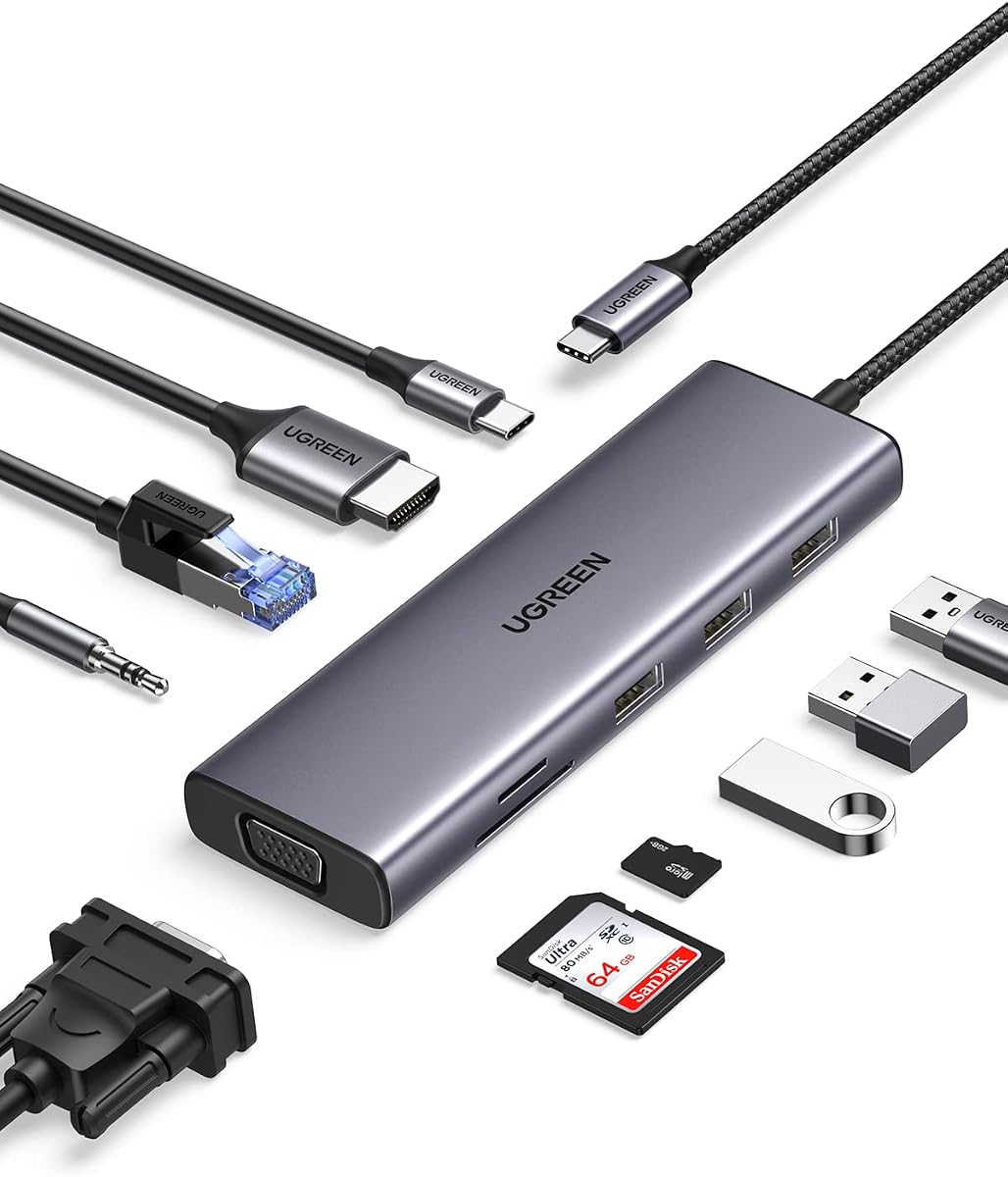 UGREEN Hub USB C, dongle USB-C 10 en 1 con monitor dual 4K HDMI y VGA, Ethernet de 1 Gbps, PD de 100 W, 3 puertos USB 3.0, conector de audio de 3,5 mm, ranuras para tarjetas SD/TF, adaptador múltiple