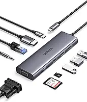 UGREEN Hub USB C, dongle USB-C 10 em 1 com monitor duplo 4K HDMI e VGA, Ethernet de 1 Gbps, PD de 100 W, 3 portas USB 3.0, entrada de áudio de 3,5 mm, slots para cartão SD/TF, adaptador multi