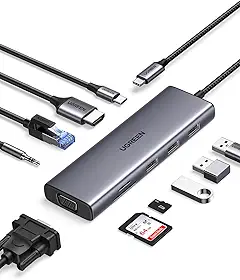 UGREEN Hub USB C, dongle USB-C 10 em 1 com monitor duplo 4K HDMI e VGA, Ethernet de 1 Gbps, PD de 100 W, 3 portas USB 3.0, entrada de áudio de 3,5 mm, slots para cartão SD/TF, adaptador multi