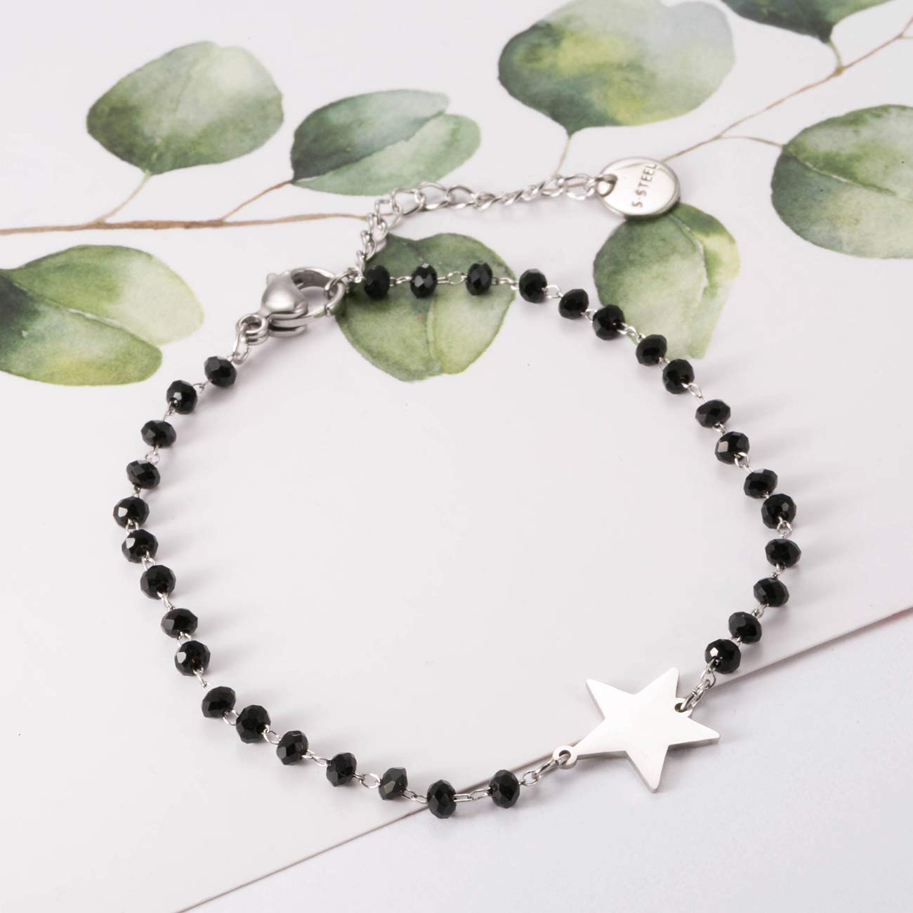 pengjin-Bracciale con ciondolo a quadrifoglio portafortuna, in acciaio inox, con perline nere, semplice braccialetto portafortuna