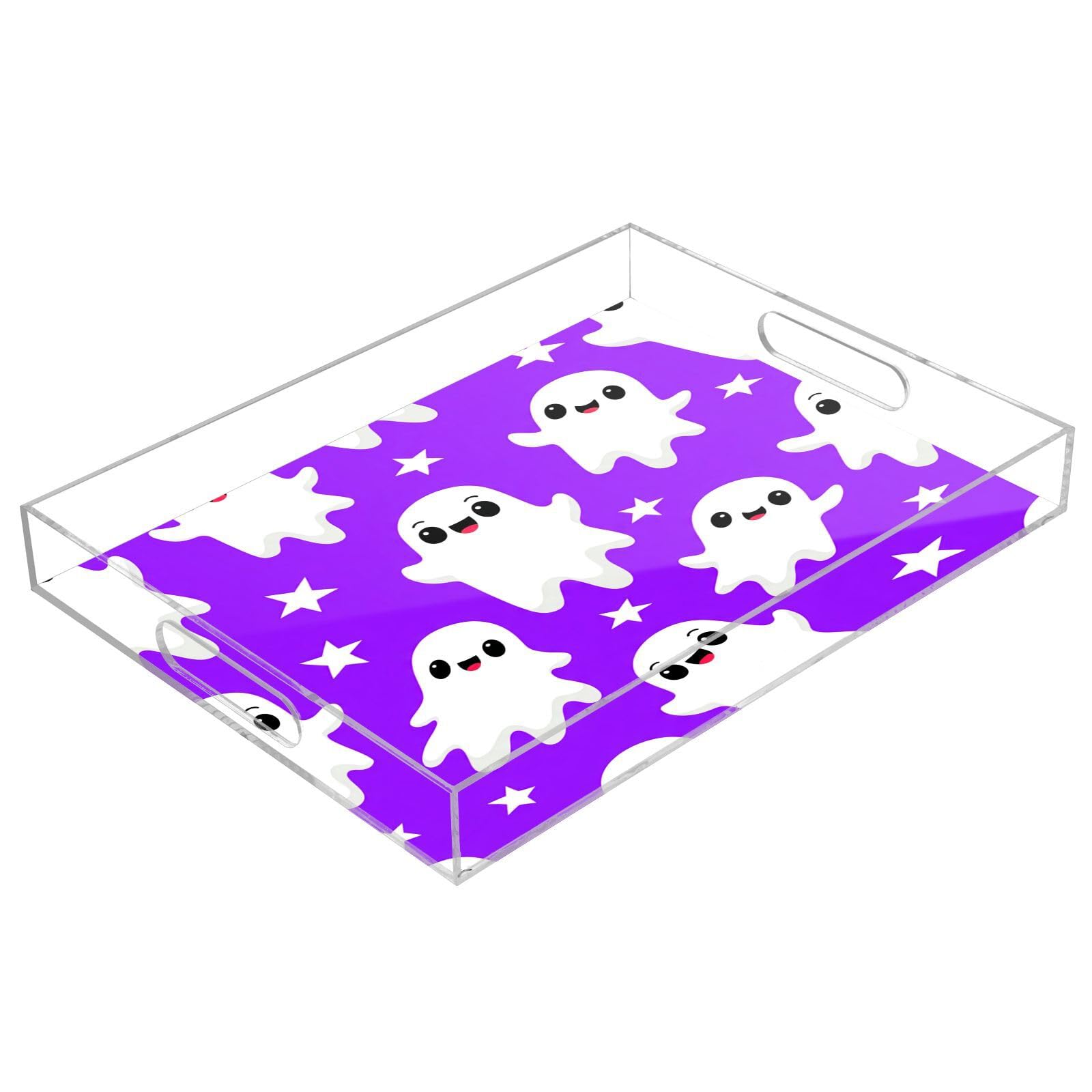 BOESI Graffiti Cute Ghost Acrylic Decorative Dining Tray, Acrylic Decorative Tray Organizer with Handle for Kitchen, Dining Room, Bathroom, Dresser