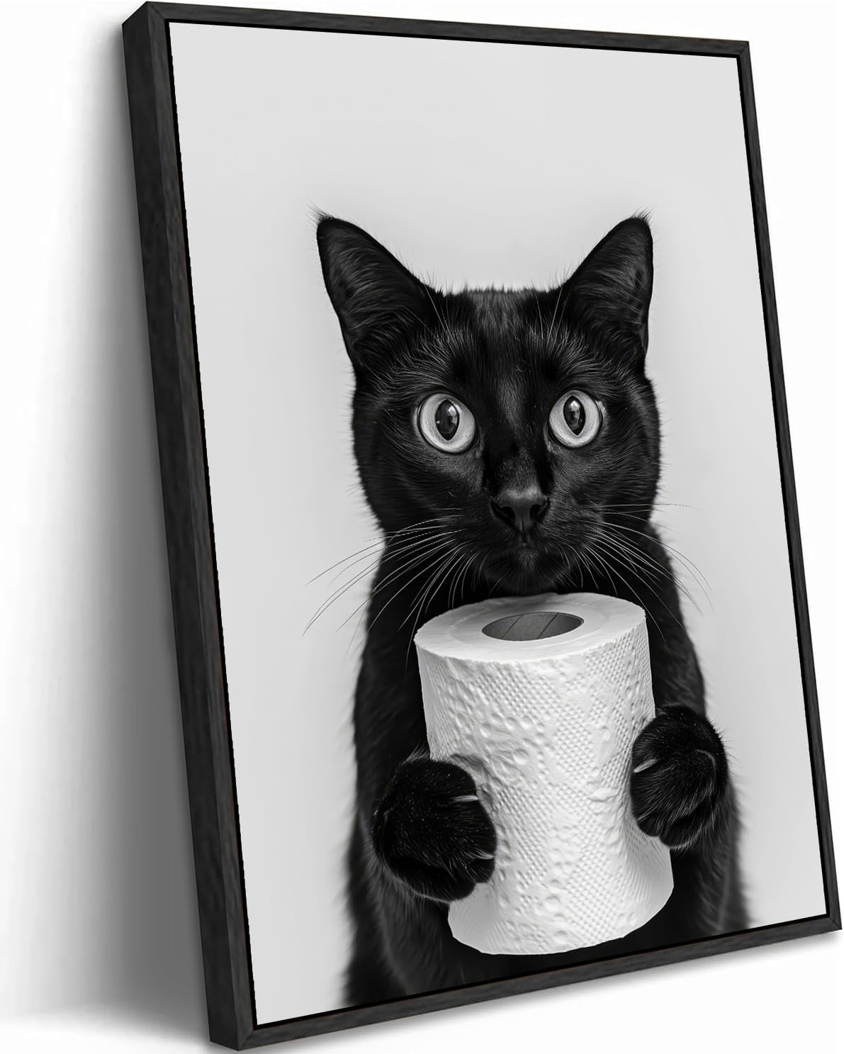 VPUQWGKE Bathroom Black Cat Wall Art Cute Black Cat Holding Toilet Paper Picture Wall Decor Funny Animal Painting Artwork Black and White Print for Bathroom Toilet Home Decoration 12x16in Black Frame