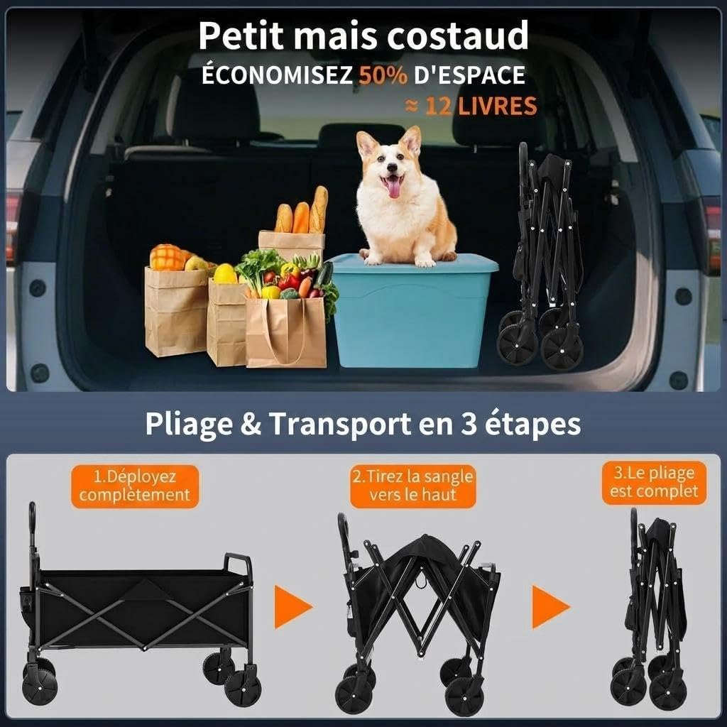 Chariot de Plage Pliable Tout-Terrain 220L – 172kg, Camping, Plage-Noir