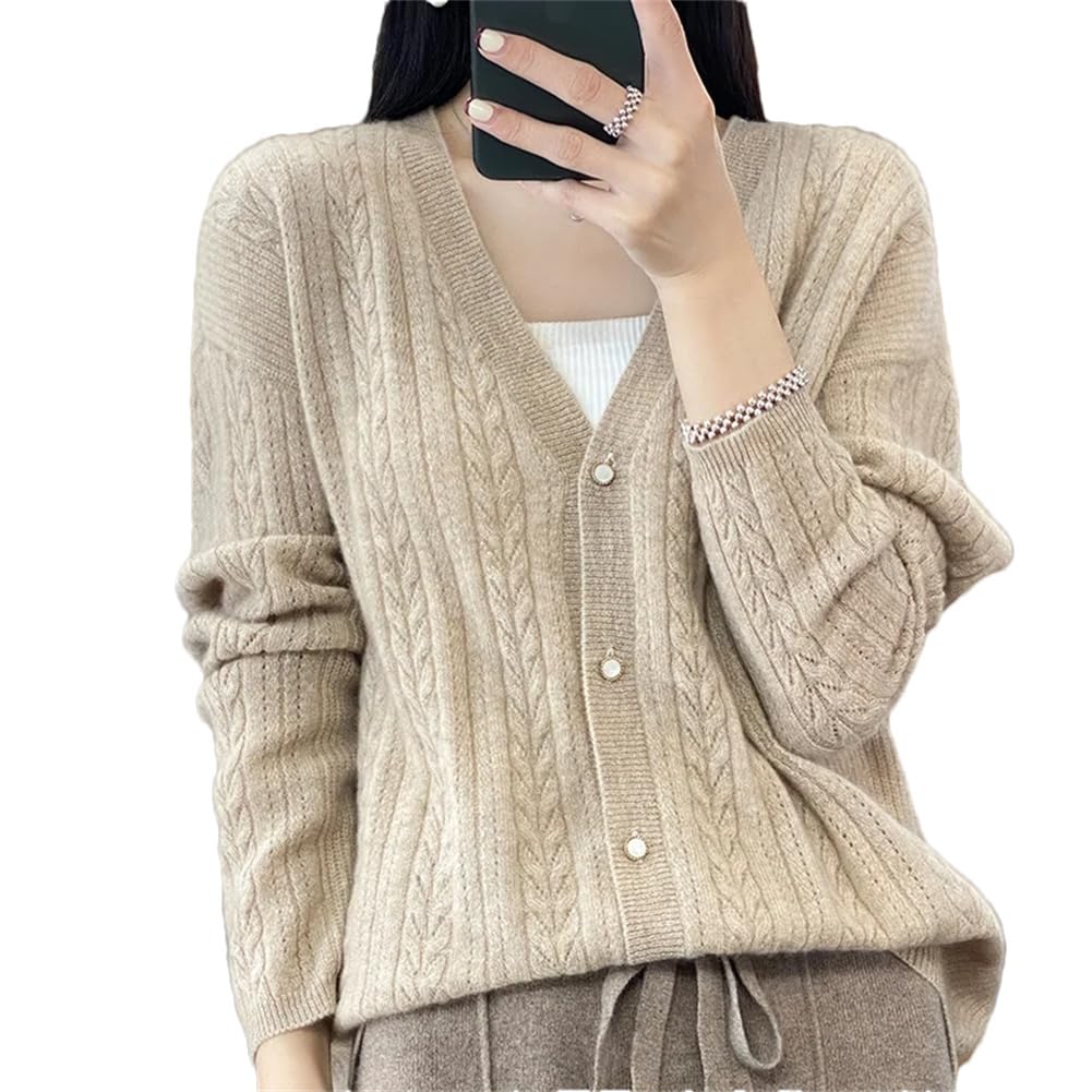Kardigan Damski Z Dekoltem W Serek, Z Australijskiej Wełny, Niemechacący | I Ciepła Na Trzy Pory Roku (Khaki9 CH)