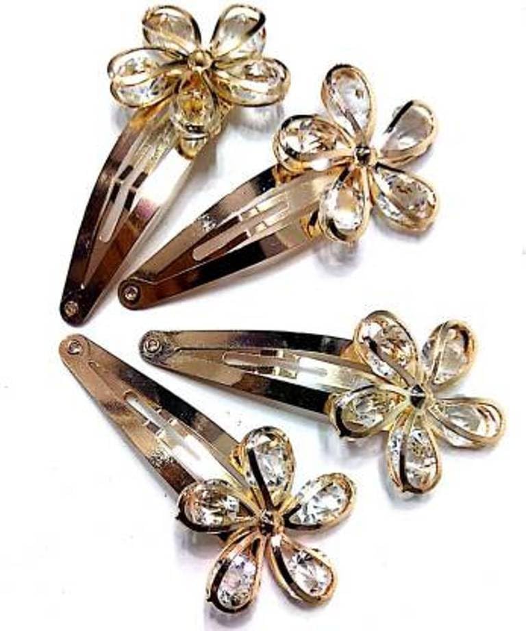 Rubela Partywear (4 pieces set) Stylish Golden Rhinestone Metal Tic Tac Clips for Girls & Women|Wedding Hair Accessories|Designer