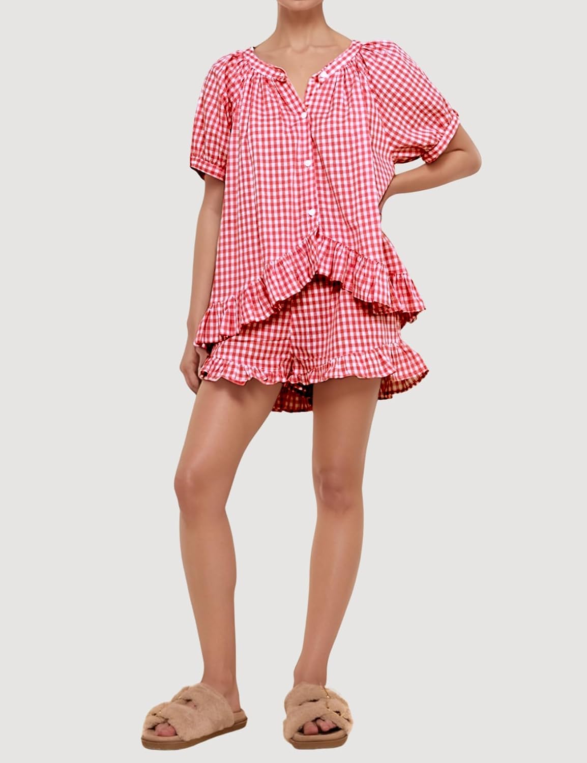 Wyeysyt Womens Gingham Pajamas Set 2 Piece Cotton Pj Sets Ruffle Babydoll Shirt and Plaid Shorts - Image 2