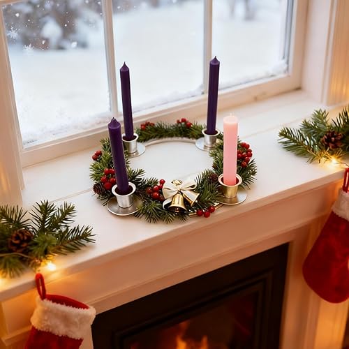 Miniatura 5 de Portavelas de corona de Adviento, anillos de vela de Navidad plateados para velas cónicas, corona de Adviento 4 portavelas para Navidad, vacaciones,