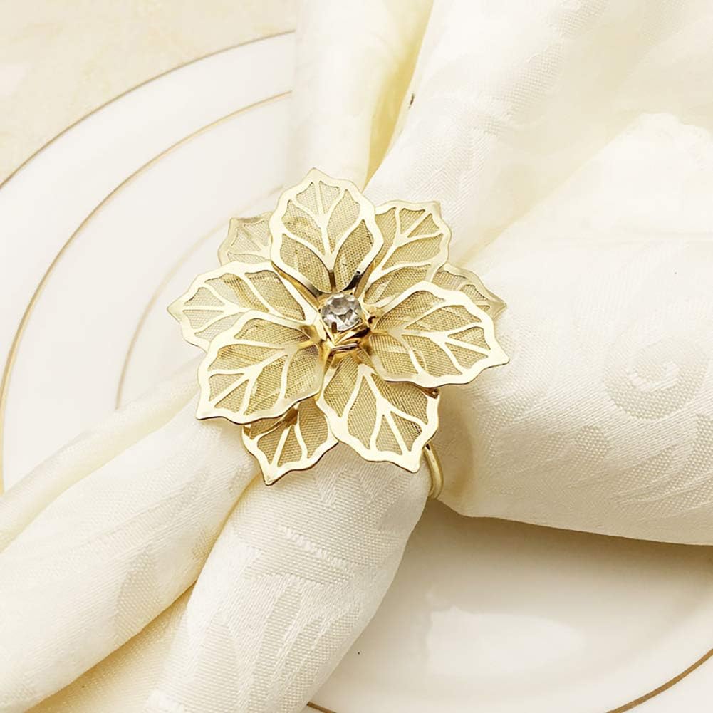 NAGU Flower Napkin Rings Set of 12, Hollow Out Floral Napkin Holder Adornment for Home Kitchen Dining Room Wedding Banquet Parties Everyday Christmas Dinner Decor Table Setting (Gold)