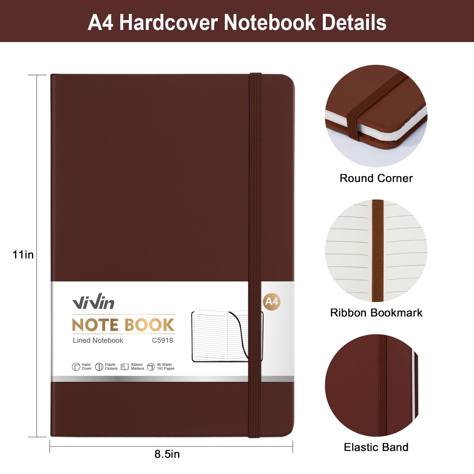 ViVin Quaderno a righe formato A4 per lavoro, 21,6 x 27,9 cm, in pelle, con copertina rigida, 192 pagine, professionale, a righe, per ufficio e affari