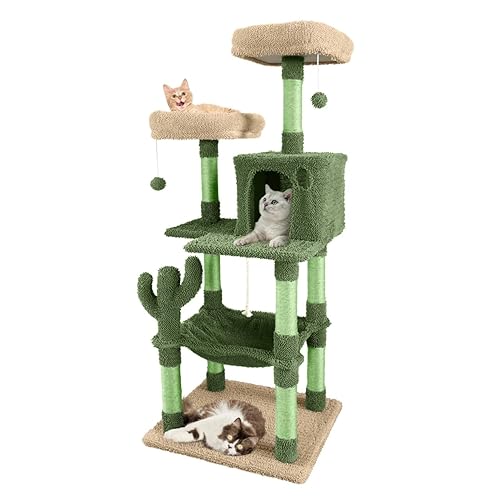 CAPHAUS Cactus Cat Tree for Indoor Cats, Cute 58-Inch Cat Climbing Play Tower with Top Perch for Large Cats Kittens, Multi-Level Cat Activity Tree with Scratching Posts, Hammock, Cat Cave Condo - 58-Inch - Green