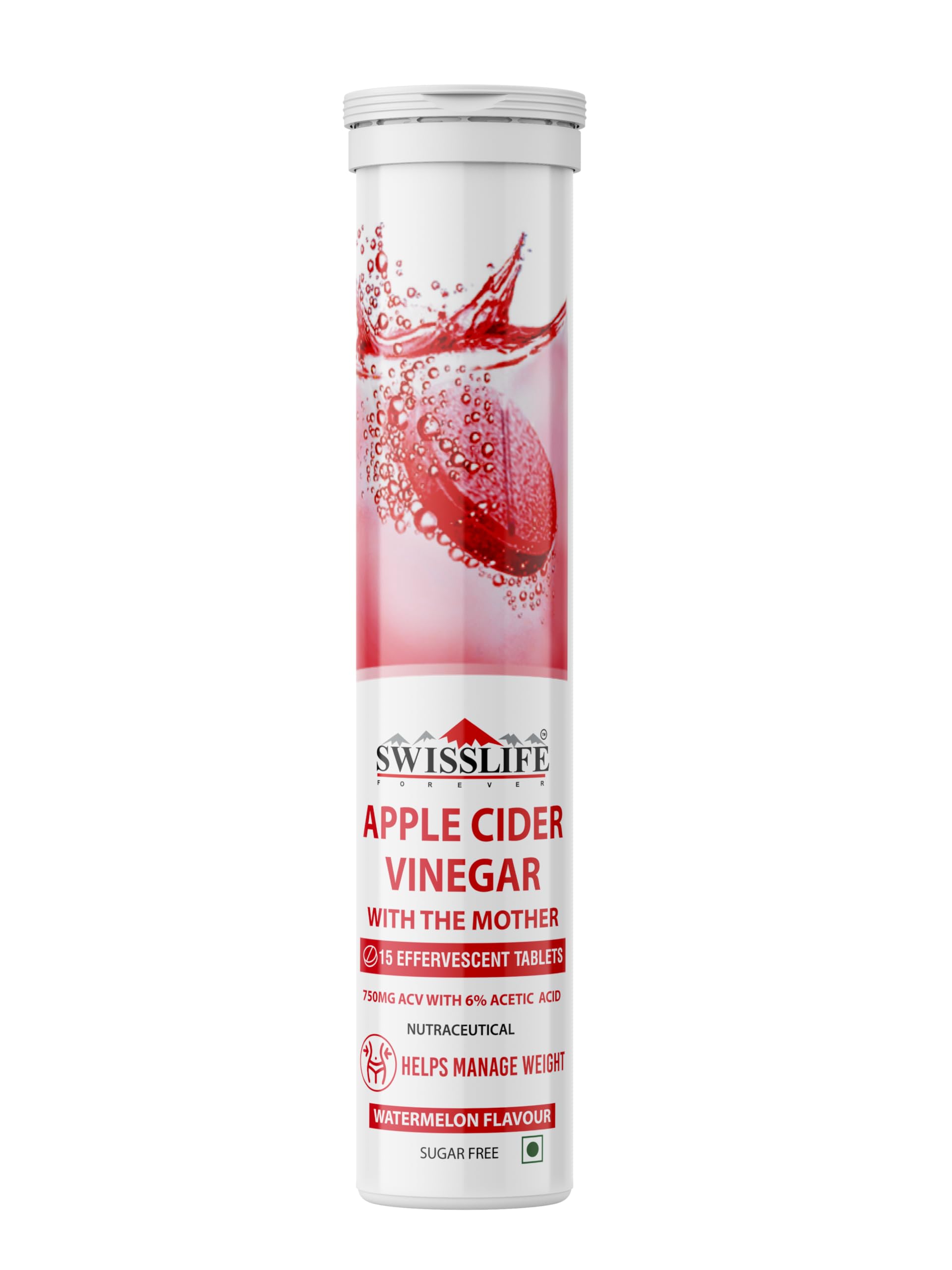 SWISSLIFE FOREVER Apple Cider Vinegar 750mg (15 Effervescent Tablets) with Mother | Vitamin B6, B12 | Weight Loss | Manage Weight | for Men And Women | Watermelon Flavour