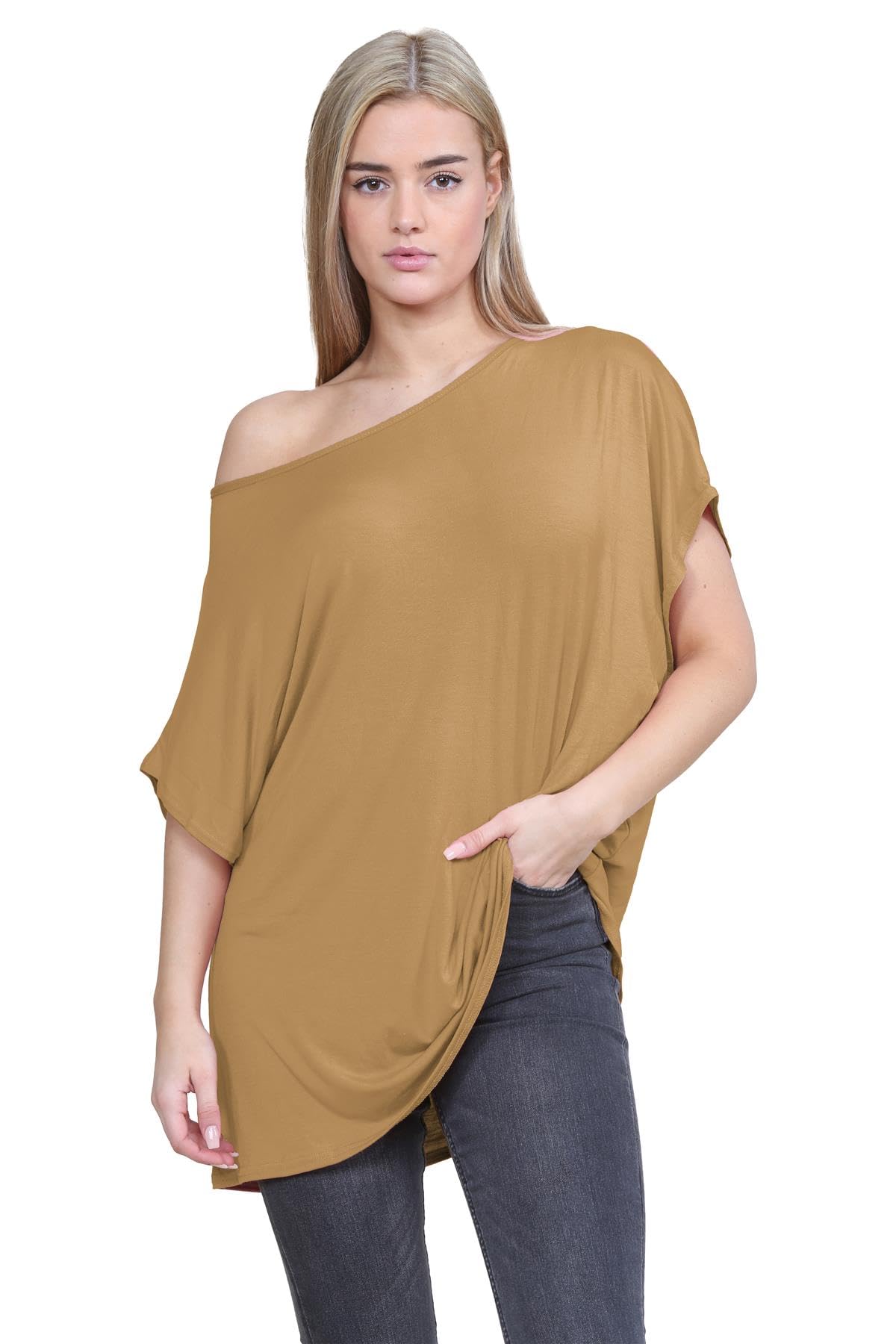 Hamishkane Women's Camel Hamishkane® Bardot Baggy Style Oversized T Shirt For - New Plain Off The Shoulder Batwing Top, Fashionable Tops For Casual Party Wear