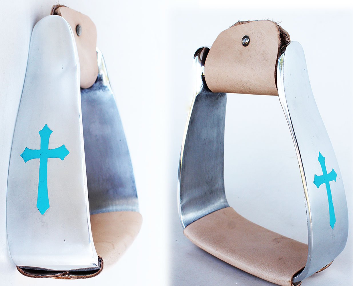 Pro Rider Horse Saddle Turquoise Cross Angled Slanted Aluminum Stirrups 5135L