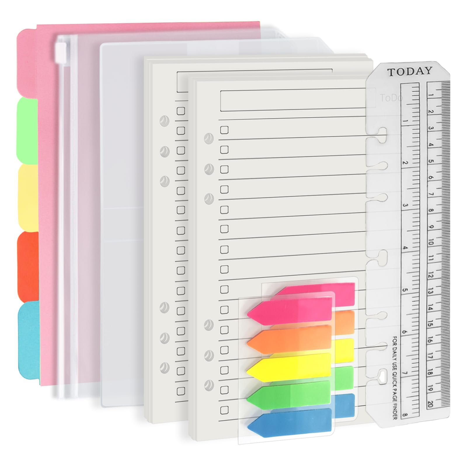 Harphia A5 6 Holes Binder Refill Value Set, 90 Sheets Loose Leaf Paper with Stickers and dividers