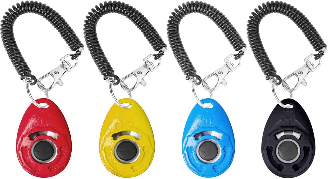 Acehome 4 Pack Dog Training Clicker with Wrist Strap, Pet Training Clicker with Big Button Effective Behavioral Training Tool for Cats Birds Puppy Recall (Yellow+Red+Light Blue+Black)