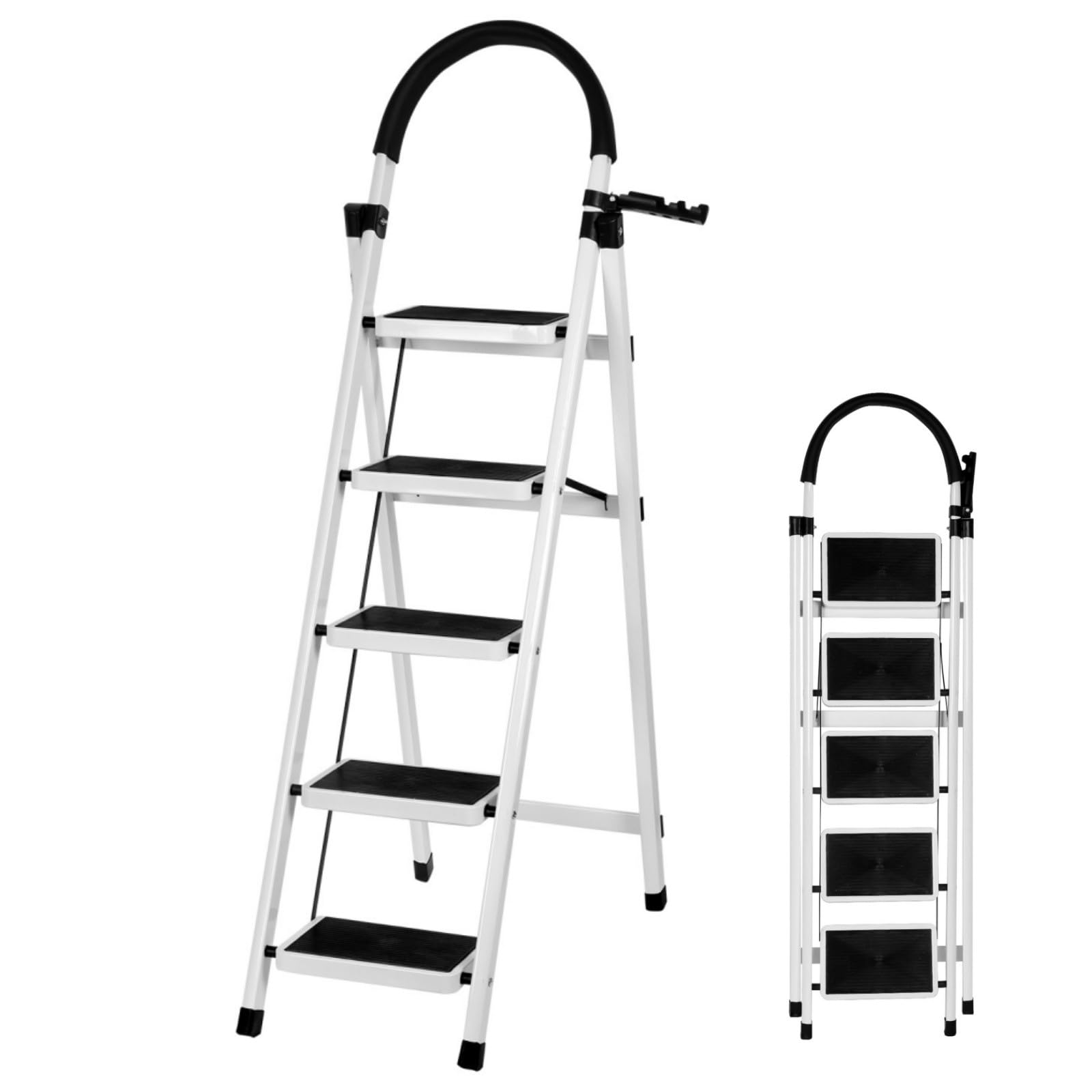 Escalera Plegable de Acero de 5 Peldaños, Escalera Doméstica Antideslizante con Barandilla para Cocina, Hogar y Oficina - Blanco