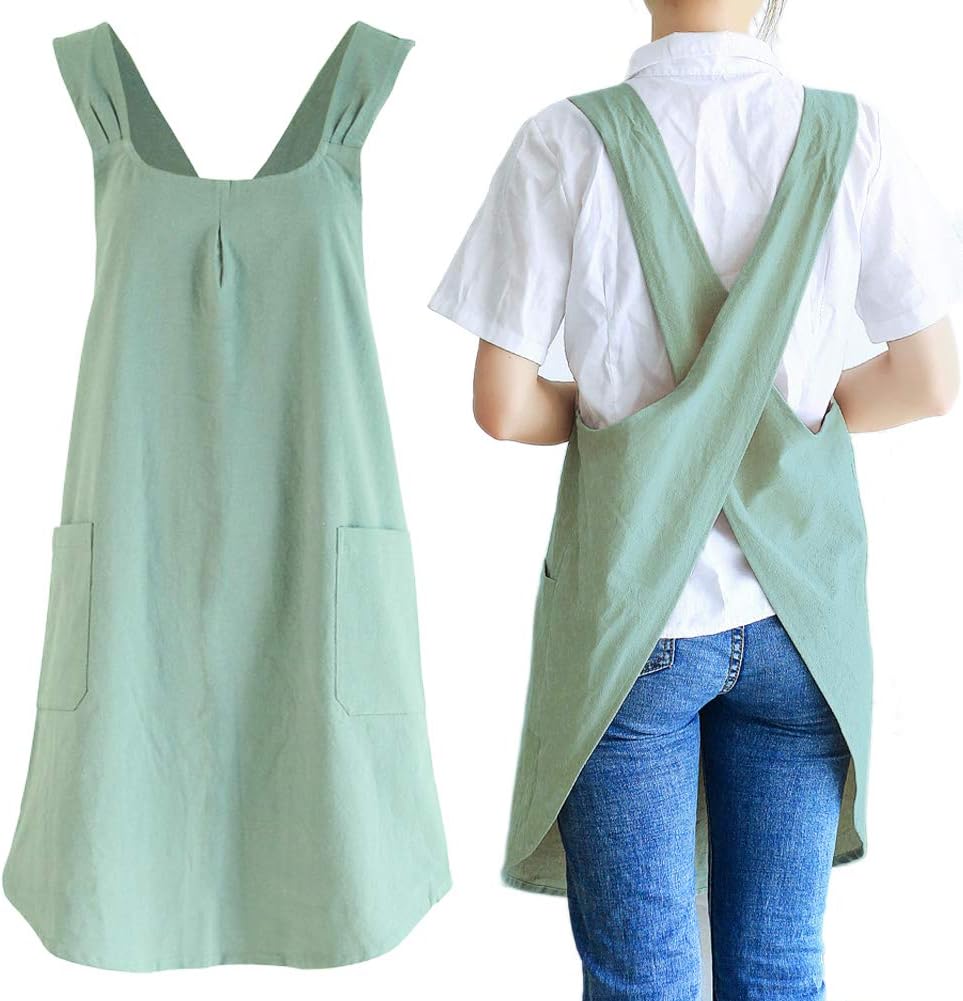 Japanese Cotton Linen Cross Back Cooking Apron for Women Men with Pockets Cute for Baking Kitchen