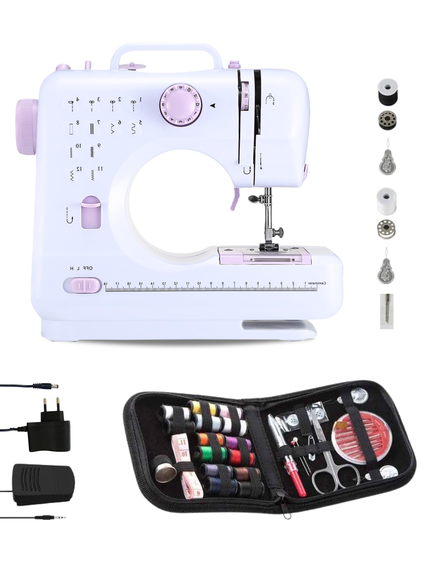 MAGIC SELECT Máquina de Coser Portátil con 2 Velocidades y 12 Puntadas | Pedal Incluido, 2 Carretes, Aguja de Recambio, Cortador de Hilo, Luz de Trabajo, Funciona con Cable o Pilas AA