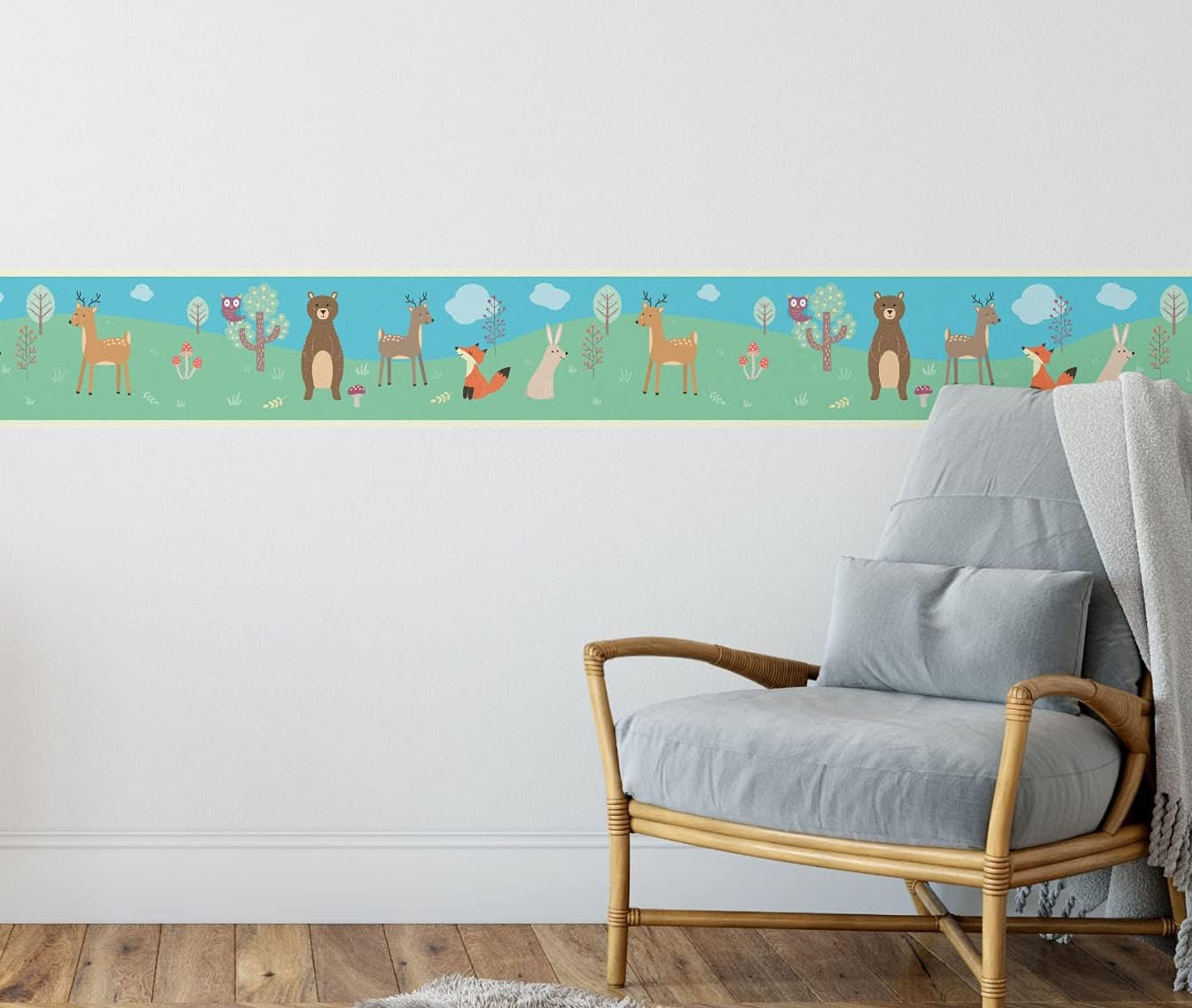 Grace & Gardenia Forest Animals Peel and Stick Wallpaper Border (Blue Green Tan, 8 inch)