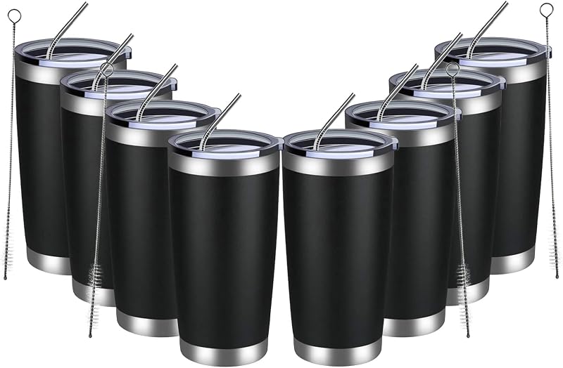MEWAY Vaso de 20 oz, paquete de 8 tazas de viaje con aislamiento al vacío de doble pared, vasos de acero inoxidable con tapa y pajita, tazas de café duraderas con recubrimiento en polvo para bebidas frías y calientes (negro, 8)