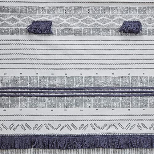 Image of Ink+Ivy Cody 100% Cotton Shower Curtain, Boho Chic Printed Striped with Tassel Pompom, Fringes Trim, Modern Bathroom Decor, Machine Washable 72 inch x 72 inch Grey /Navy