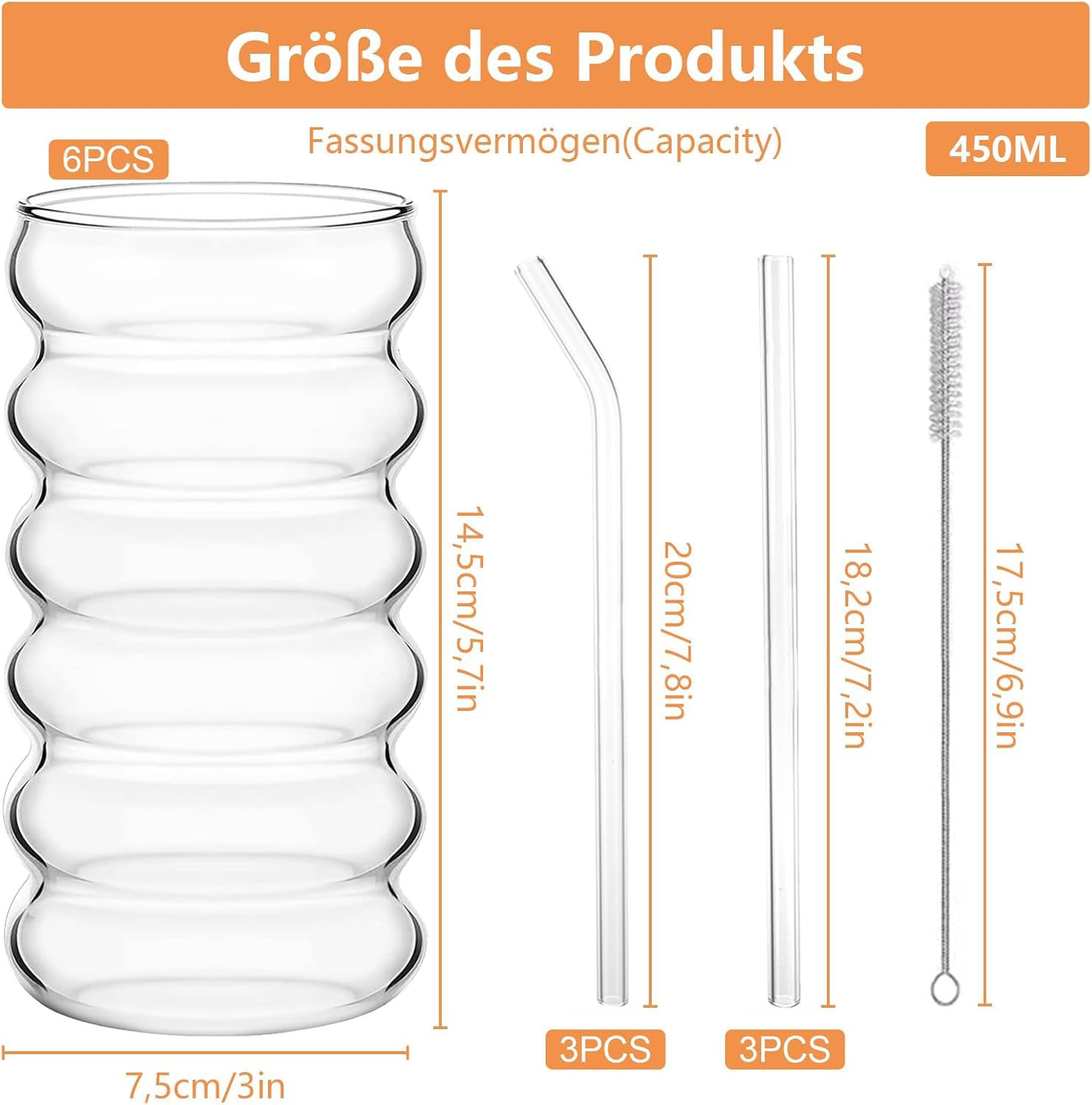 6 Stück Bubble Gläser 450ml Gerippte Trinkgläser, Kaffee Gläser mit Glasstrohhalme, Eiskaffeegläser mit Pinsel, Bubble Glas, Kaffeegläser, Bubblegläser Geriffelt für Wasser Trink Saft
