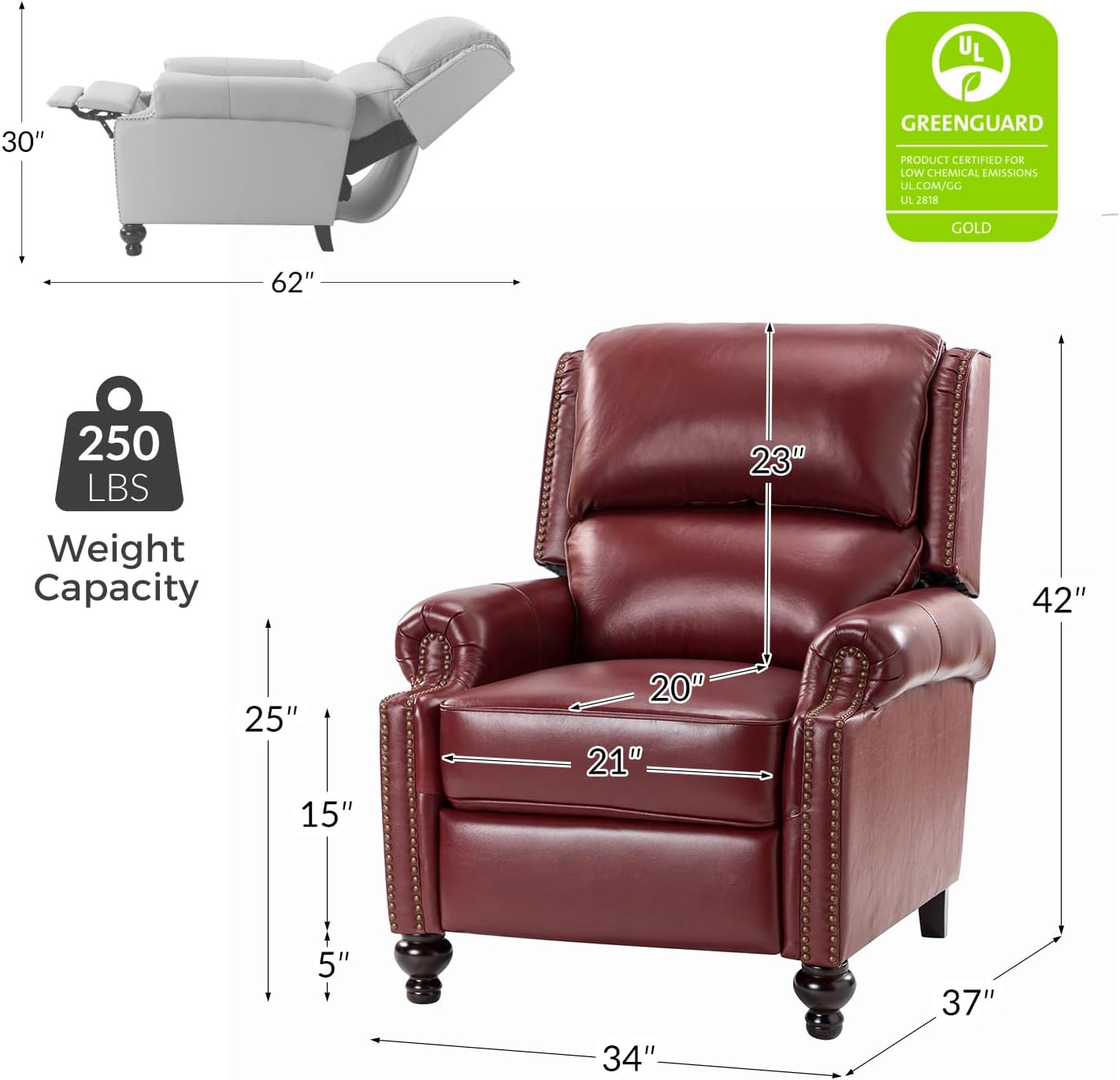 HULALA HOME Genuine Leather Wingback Recliner Chair with Thick Cushioned Seat, Traditional Push Back Leather Recliner with Nailhead Trim, Burgundy