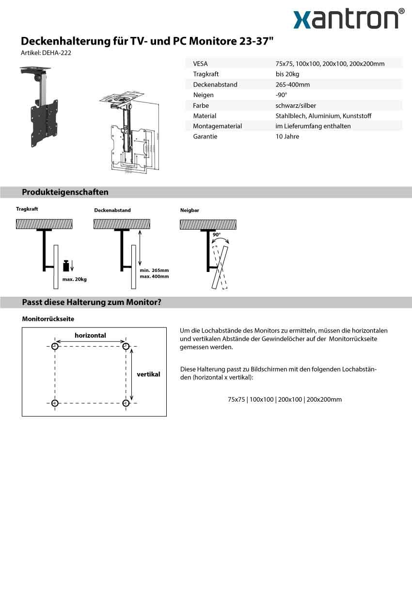 Xantron DEHA-222 - Supporto da soffitto per TV da 23-37", estensibile, bloccabile