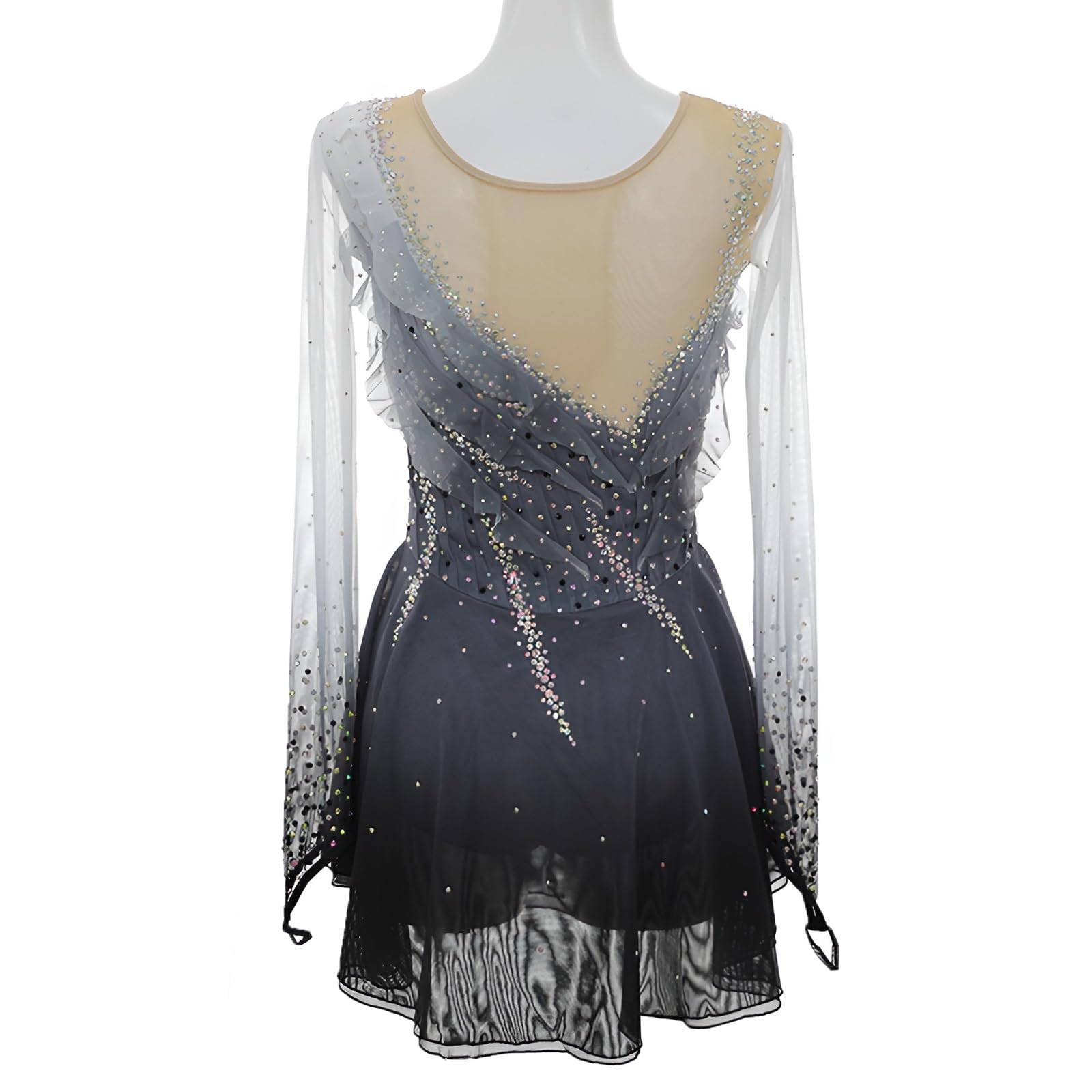 Women's Sparkly Long Sleeved Figure Skating Dress, Girl's Ice Skating Dress for Performance and Competitions(X-Small) Gray
