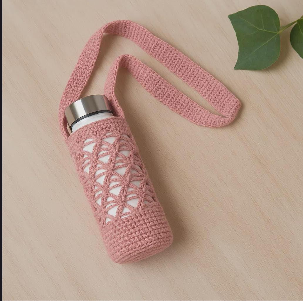 Handmade Crochet Water Bottle Holder - Pink -2 Handmade Crochet Water Bottle Holder - Pink -2