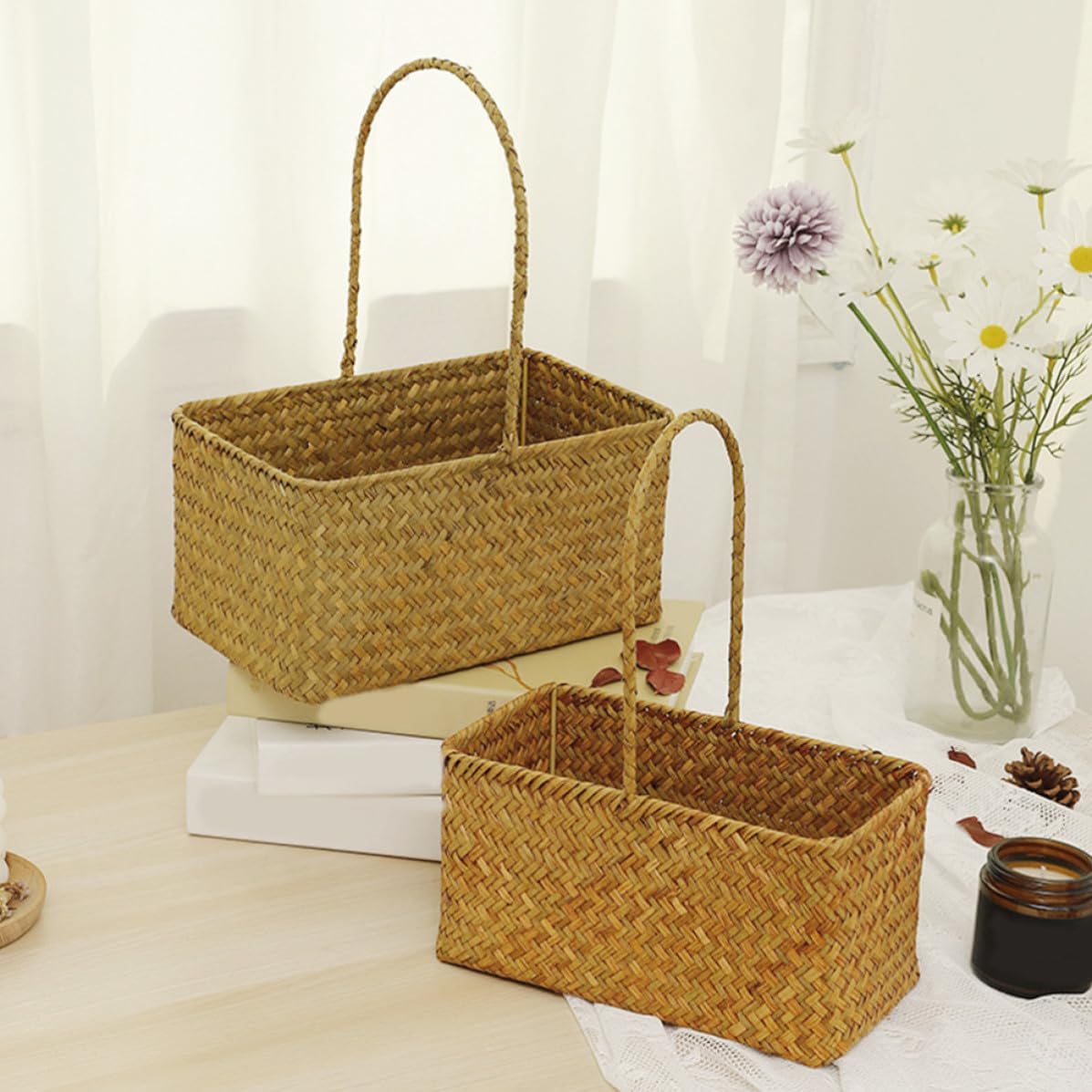 Cattail Woven Handheld Wedding Basket with Handle Design image 4
