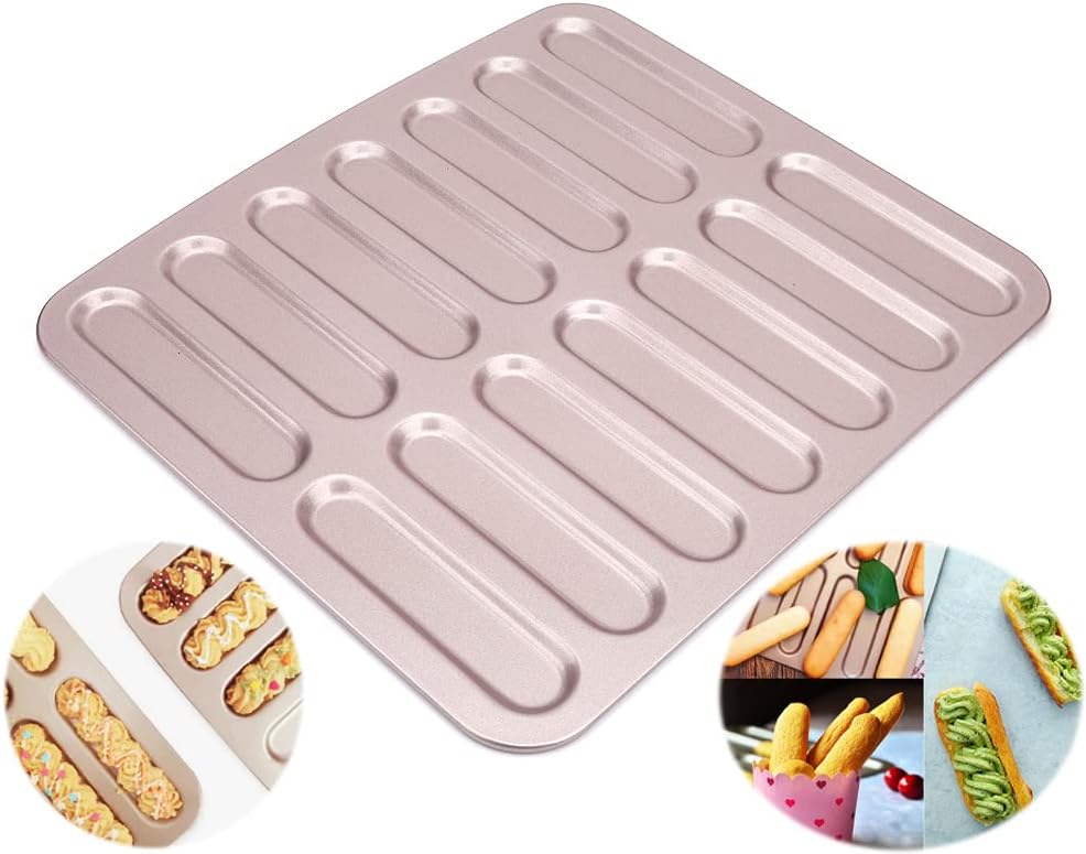 Different Long Oval Shape Nonstick Carbon Steel Hotdog Mold Lightning Eclair Molde Cheese Tart Mould DIY Home Bakeware Gadgets (1pc 14-Well Eclair Mold)