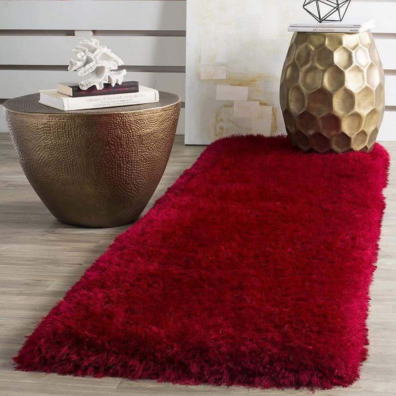 Image of Luxury Shaggy Carpet Solid Plain Fluffy Fur Rectangular Rugs For Bedroom Living Room 2X6 Feet Microfiber & Polyster Modern Interior Floor Mat Red