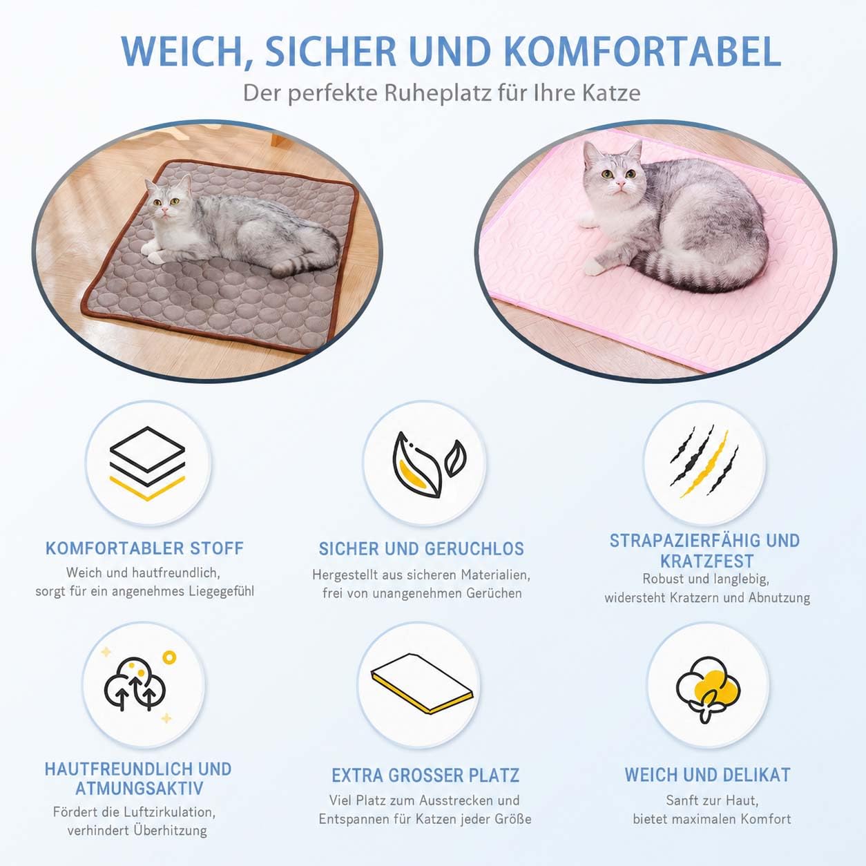 Leyof KüHlmattе Katze Ohne Gel, KüHlmattе Ohne Gel Katze, 4 GrößEn – Geeignet FüR Katzen & Hunde; Waschbare, rutschfeste KüHlmatte Aus Eisseide FüR Den Innen & AußEnbereich (Grau,M)
