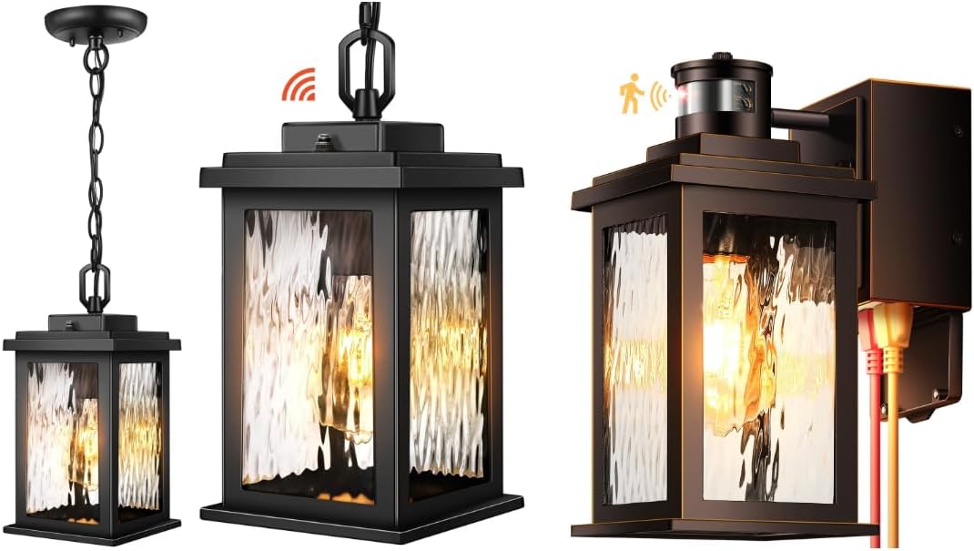 Gleamz Dusk to Dawn Outdoor Pendant Lights for Porch with Water Glass & Adjustable Sensitivity Motion Sensor Outdoor Lights with GFCI Outlet