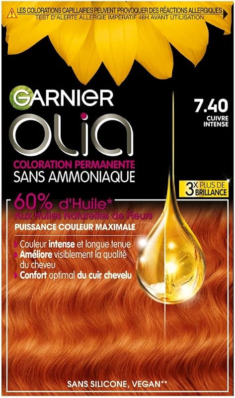 Garnier Olia Cuivré Intense est une coloration permanente sans ammoniaque qui offre une couleur riche, longue tenue et é