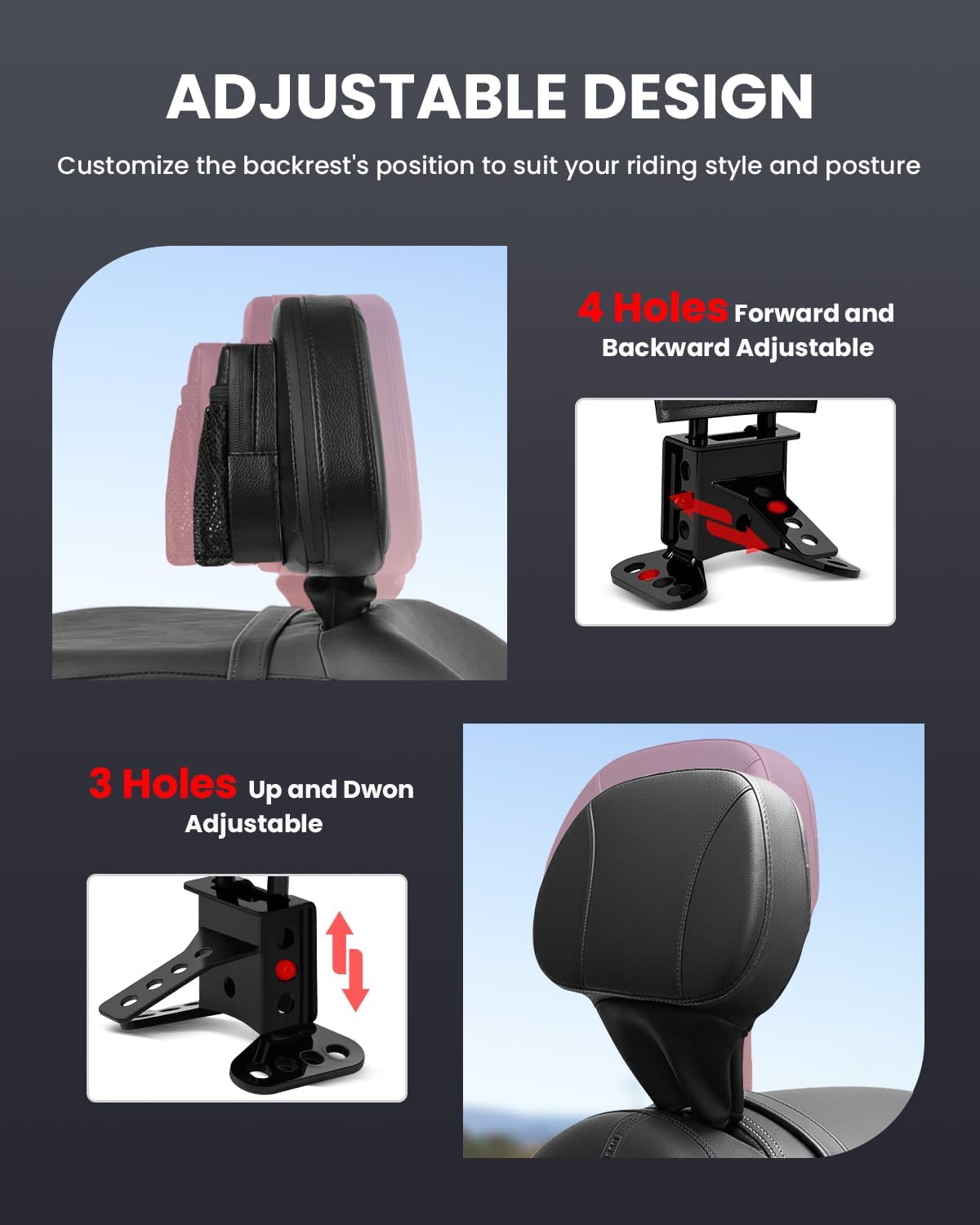 Driver Backrest Adjustable Ride Backrest Plug-in Motorcycle Backrest with Storage Bags for Harley Davidson Touring Street Glide Road Glide Road King Electra Glide