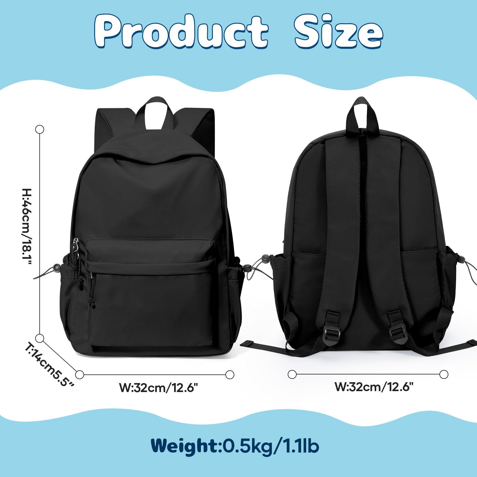 UPPACK Black School Backpack For Girls Boys High Middle school college Backpack Bookbag Cute Aesthetic Backpacks Lightweight Bag Waterproof Work Gym Casual Daypack Backpacks For Men Women