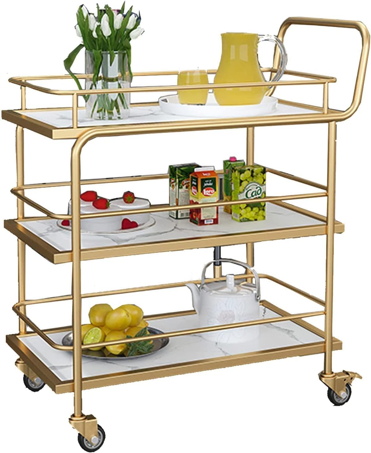 Carrito de bebidas de 3 niveles dorado - Carrito de bar con ruedas bloqueables, carrito de servir rodante para cocina, sala de estar, hogar, bar, cóctel de alcohol