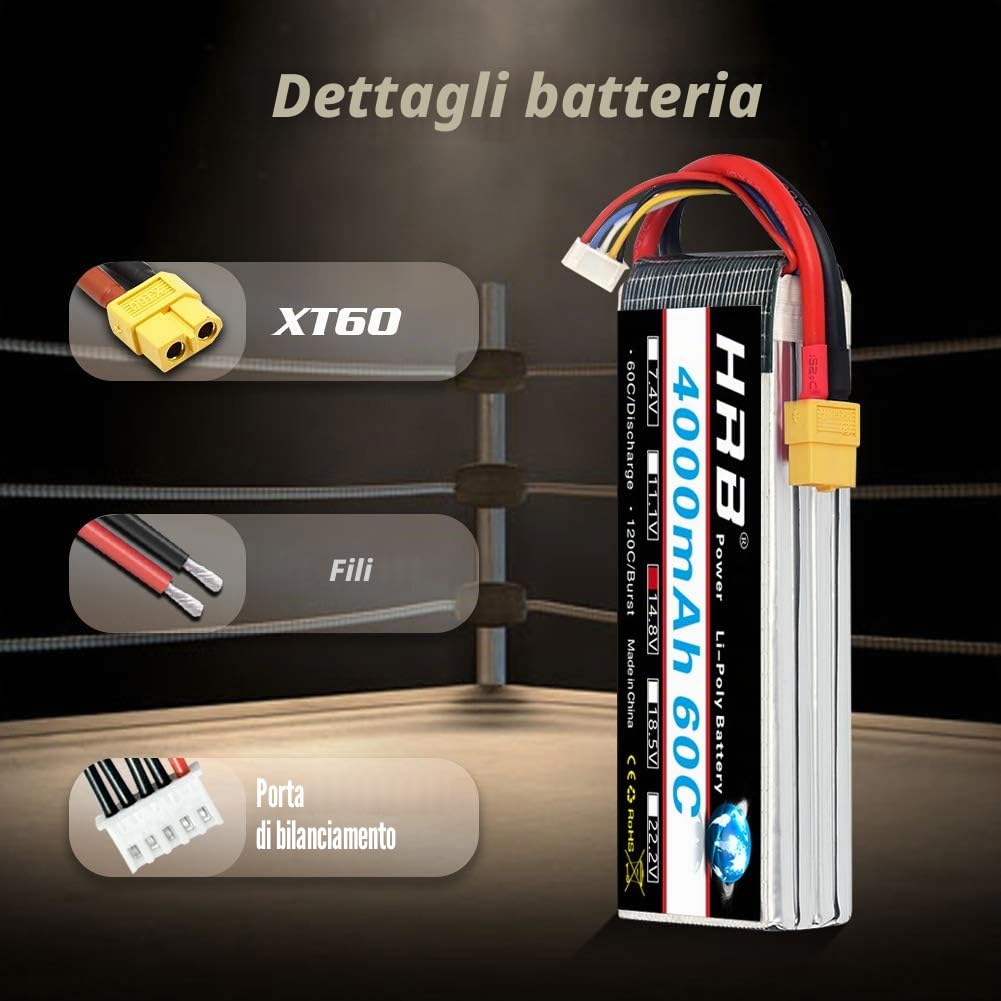 HRB 2PCS 4S Lipo Batteria 14.8V 4000mAh 60C XT60 Connettore A+ Grade Lipo Batteria per RC Truggy Drone Barca Camion Multirotori Hexacopter Octocopters Aereo