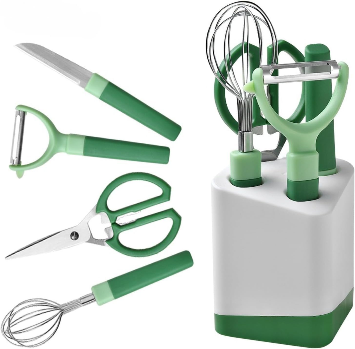 Kitchen Gadget Set, 5-in-1 Multi-Functional Utensils with Melon Peeler, Fruit Knife & Egg Whisk, Space-Saving Organizer for Home & Restaurant, 7.87" x 4.53" x 2.95" (Green 5pcs)