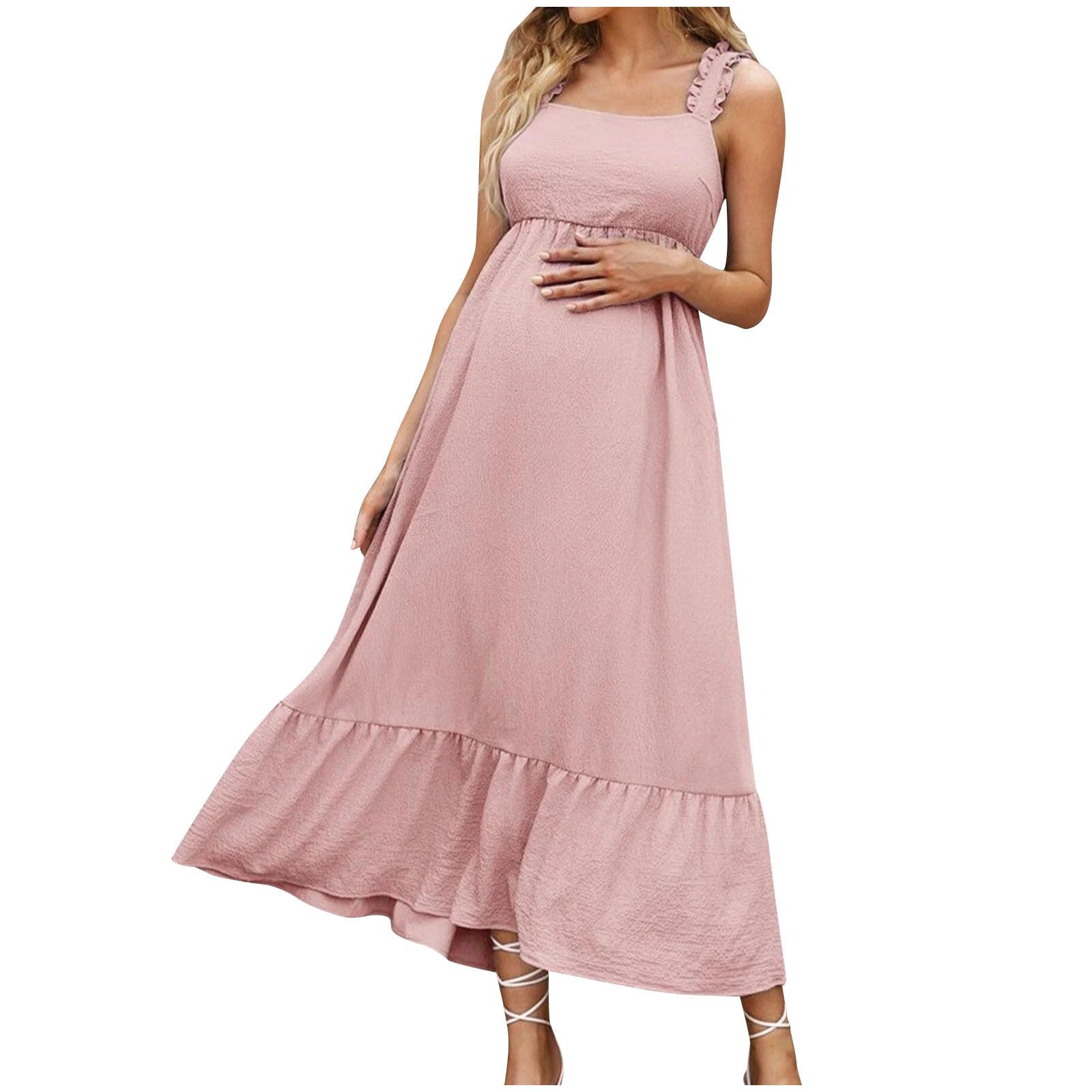 Vestido de Maternidad Mujeres sin Manga Casual Embarazadas Ropa Fruncida para Embarazadas Volante Color sólido Verano Vestido Largo premamá