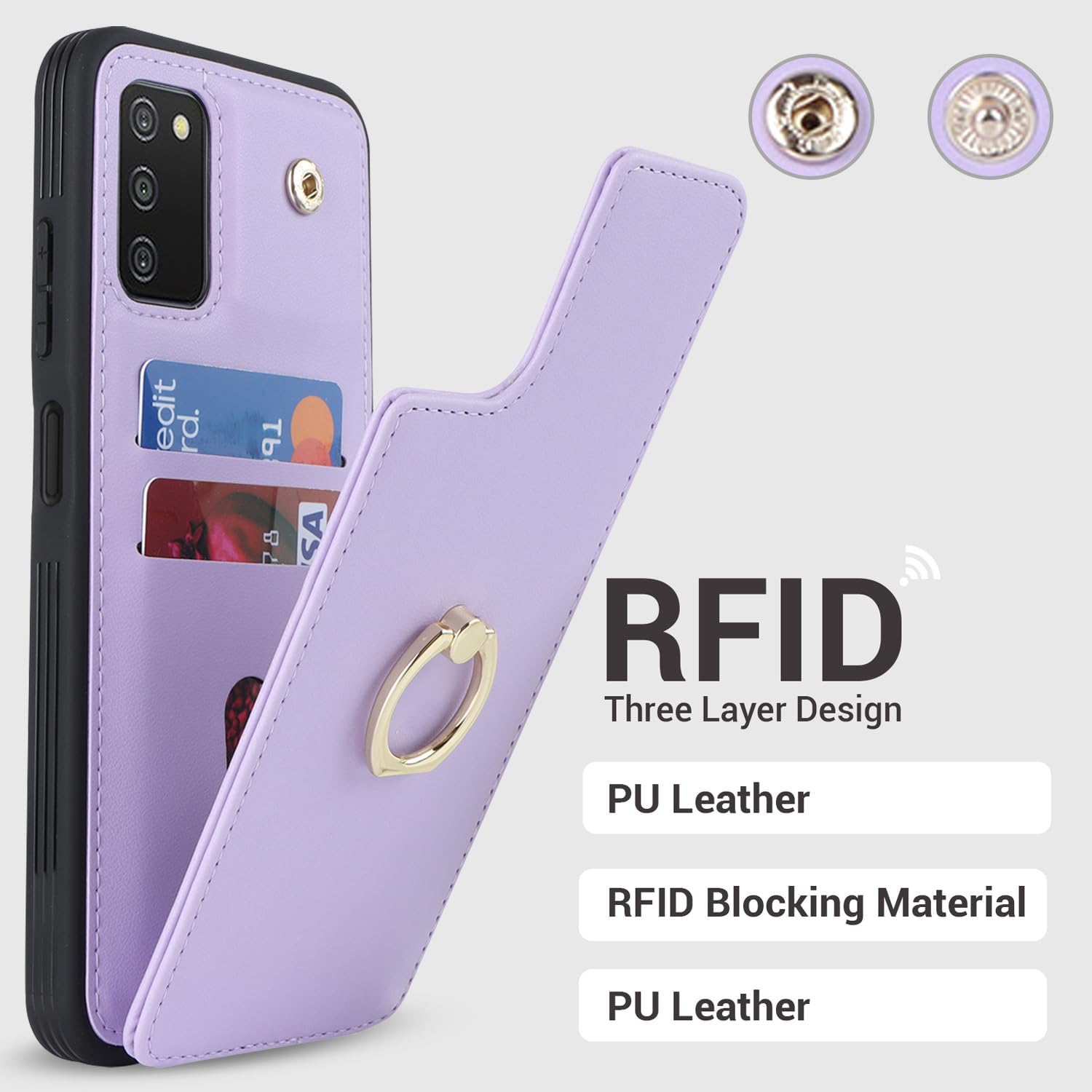 Lipvina Funda para Samsung Galaxy A03s con tarjetero, funda para Galaxy A03s para mujer, tarjetero de crédito, soporte de anillo y bloqueo RFID para teléfono de 6.5 pulgadas (morado)